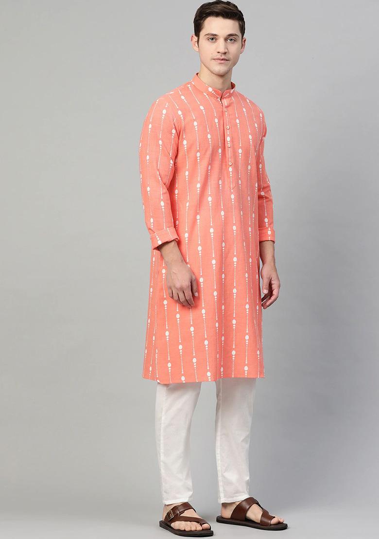 Peach Printed Cotton Kurta Set For Men