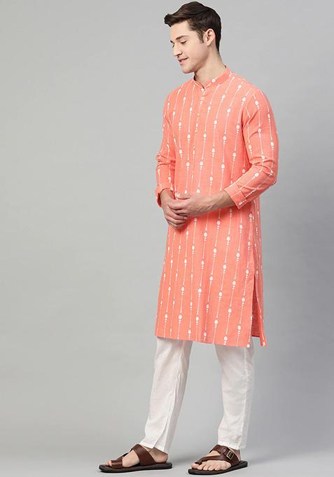 Peach Printed Cotton Kurta Set For Men