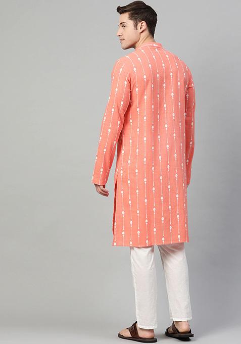 Peach Printed Cotton Kurta Set For Men