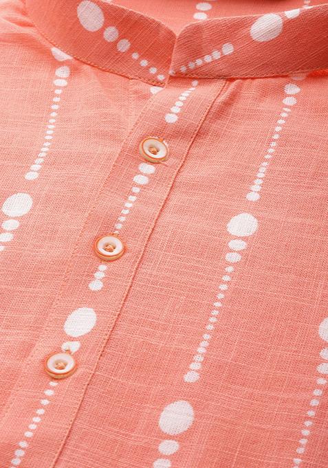 Peach Printed Cotton Kurta Set For Men