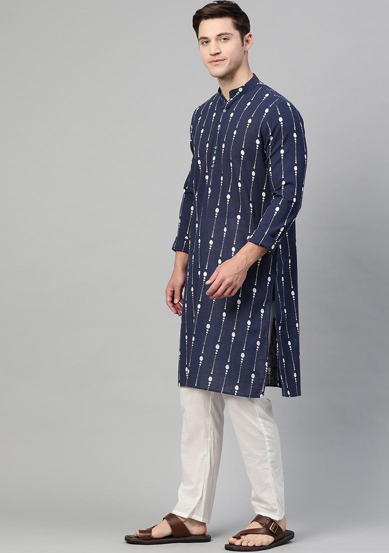 Navy Blue Printed Kurta Set For Men