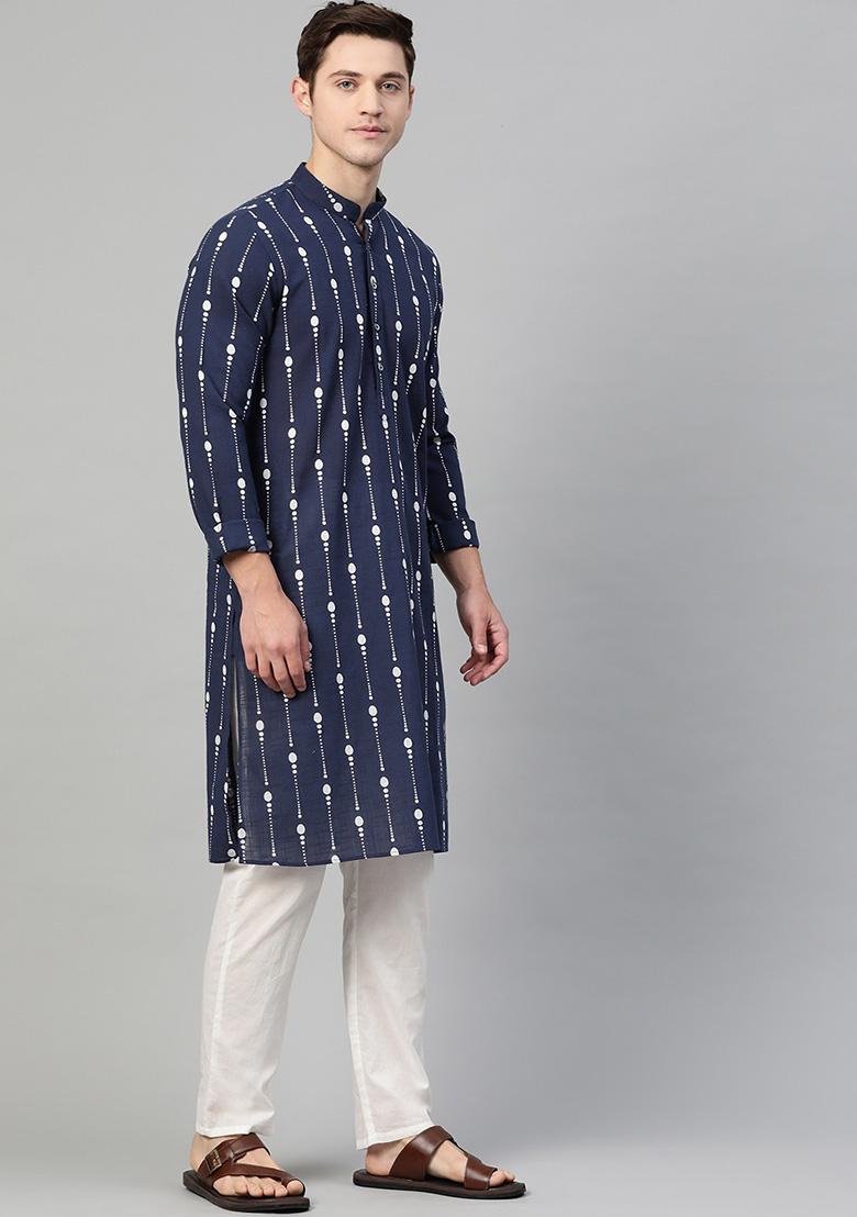 Navy Blue Printed Kurta Set For Men