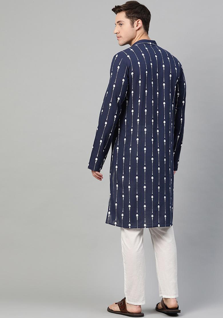 Navy Blue Printed Kurta Set For Men