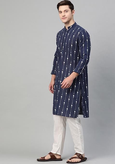 Navy Blue Printed Kurta Set For Men