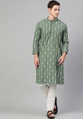 Green Printed Cotton Kurta Set For Men