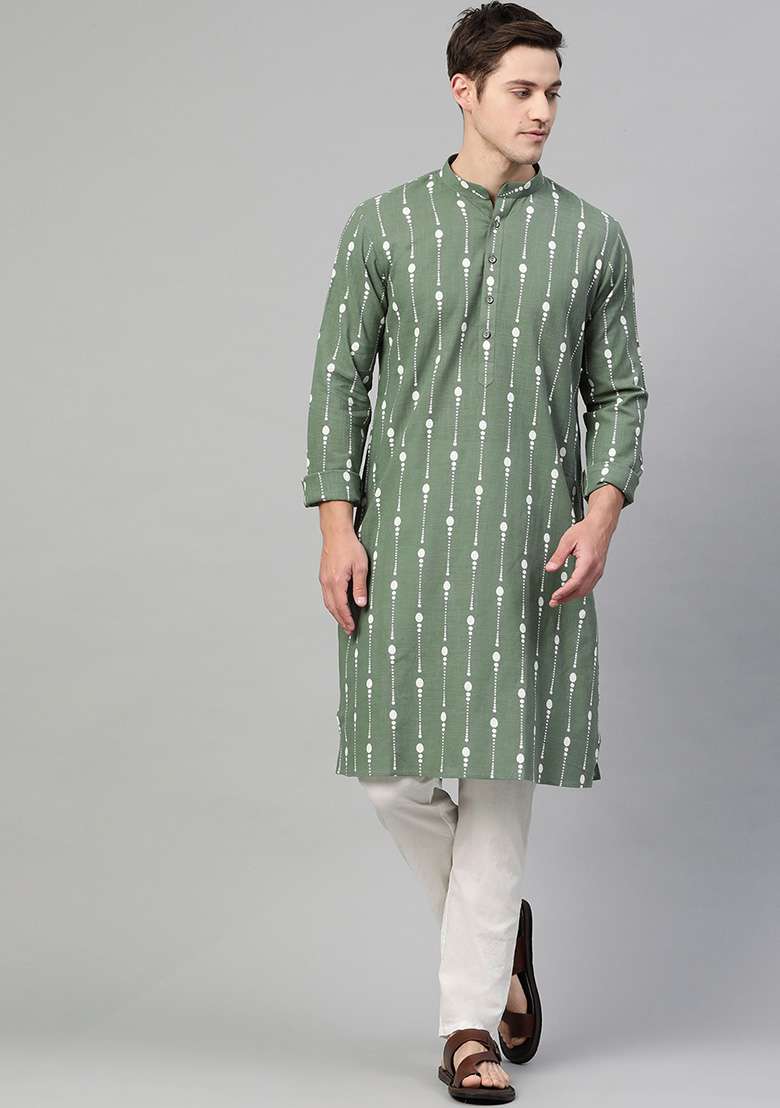 Green Printed Cotton Kurta Set For Men - Indya