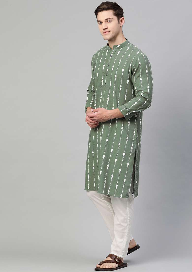 Green Printed Cotton Kurta Set For Men - Indya