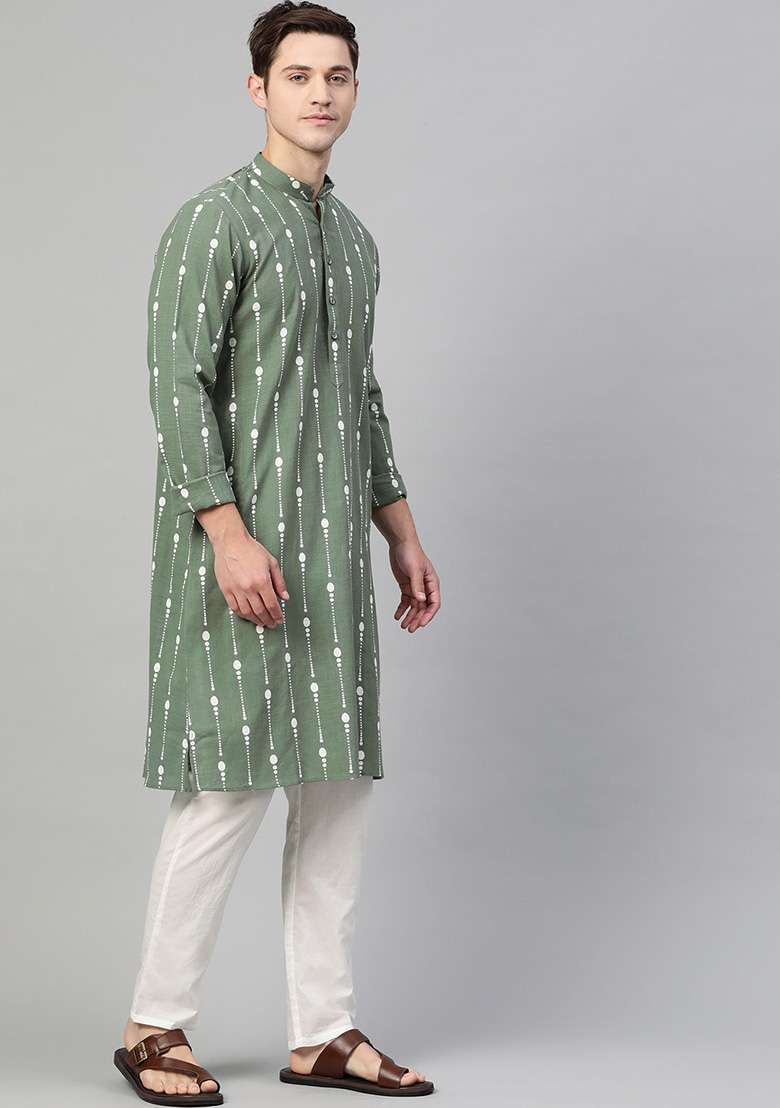 Green Printed Cotton Kurta Set For Men - Indya