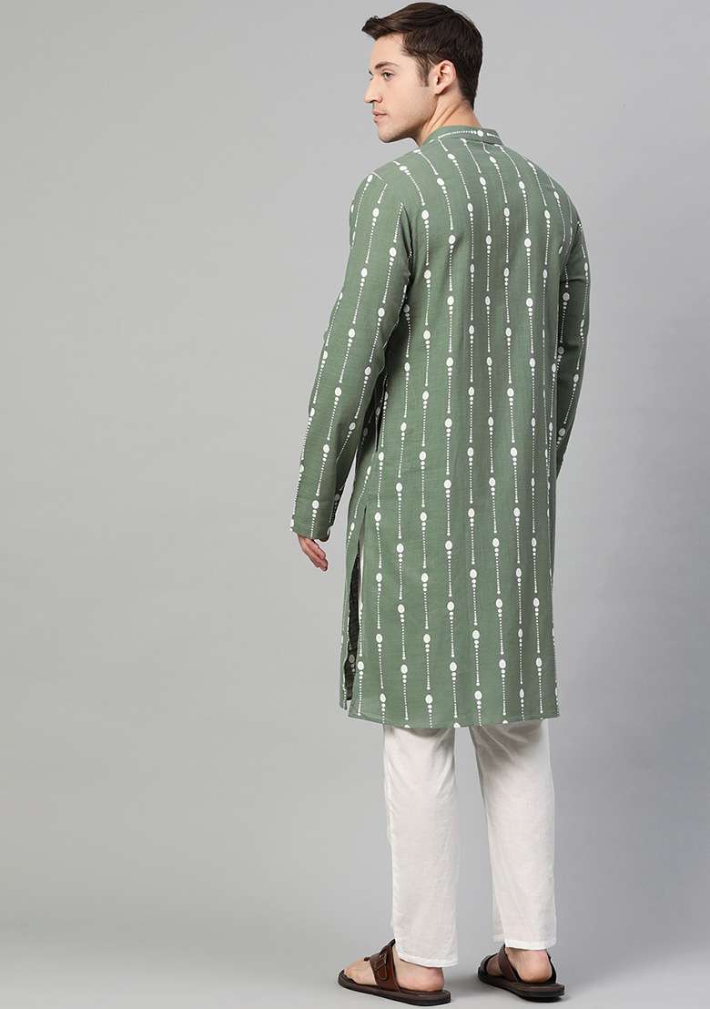 Green Printed Cotton Kurta Set For Men - Indya