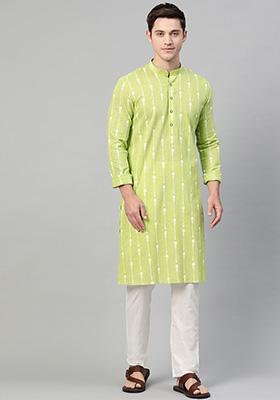 Lime Green Printed Cotton Kurta For Men