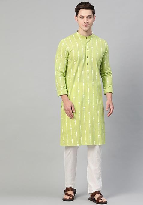 Lime Green Printed Cotton Kurta Set For Men