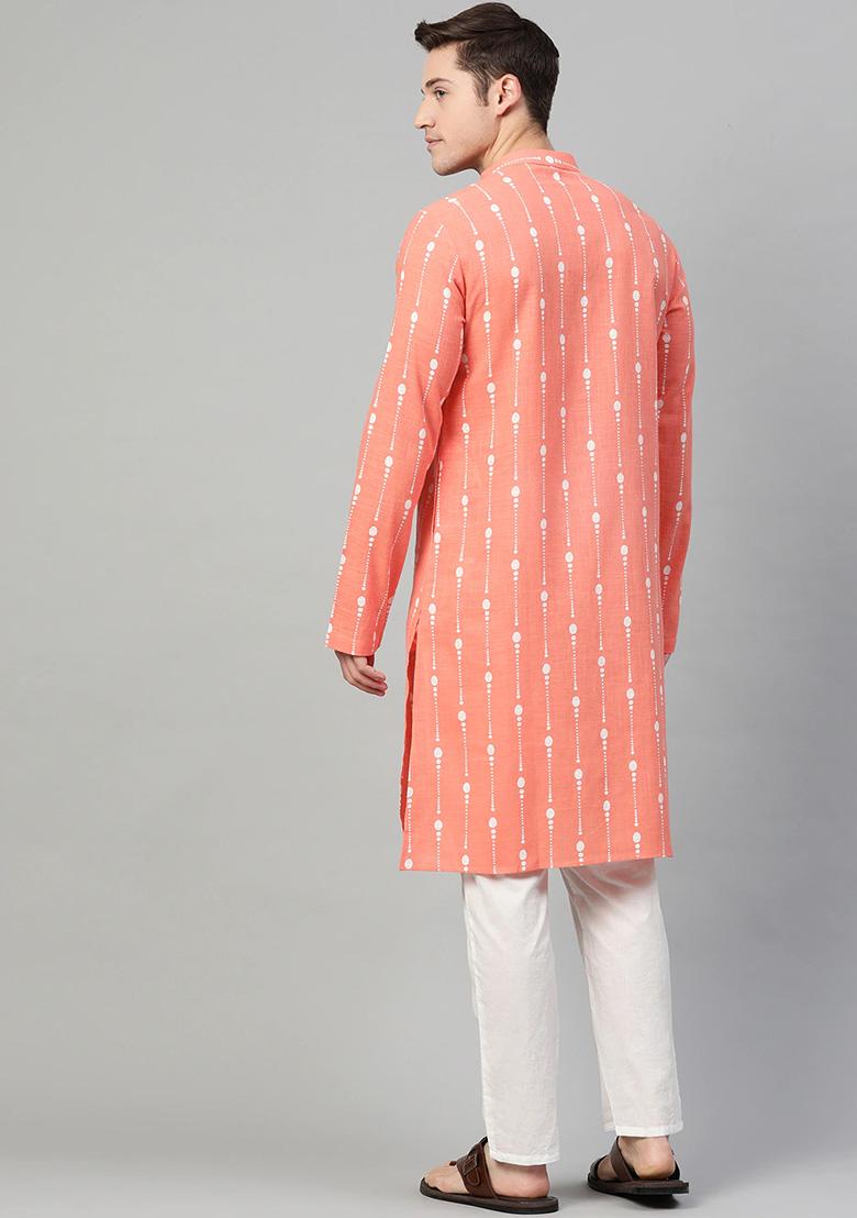 Peach Printed Kurta Set For Men