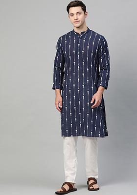 Navy Blue And White Printed Kurta Set For Men