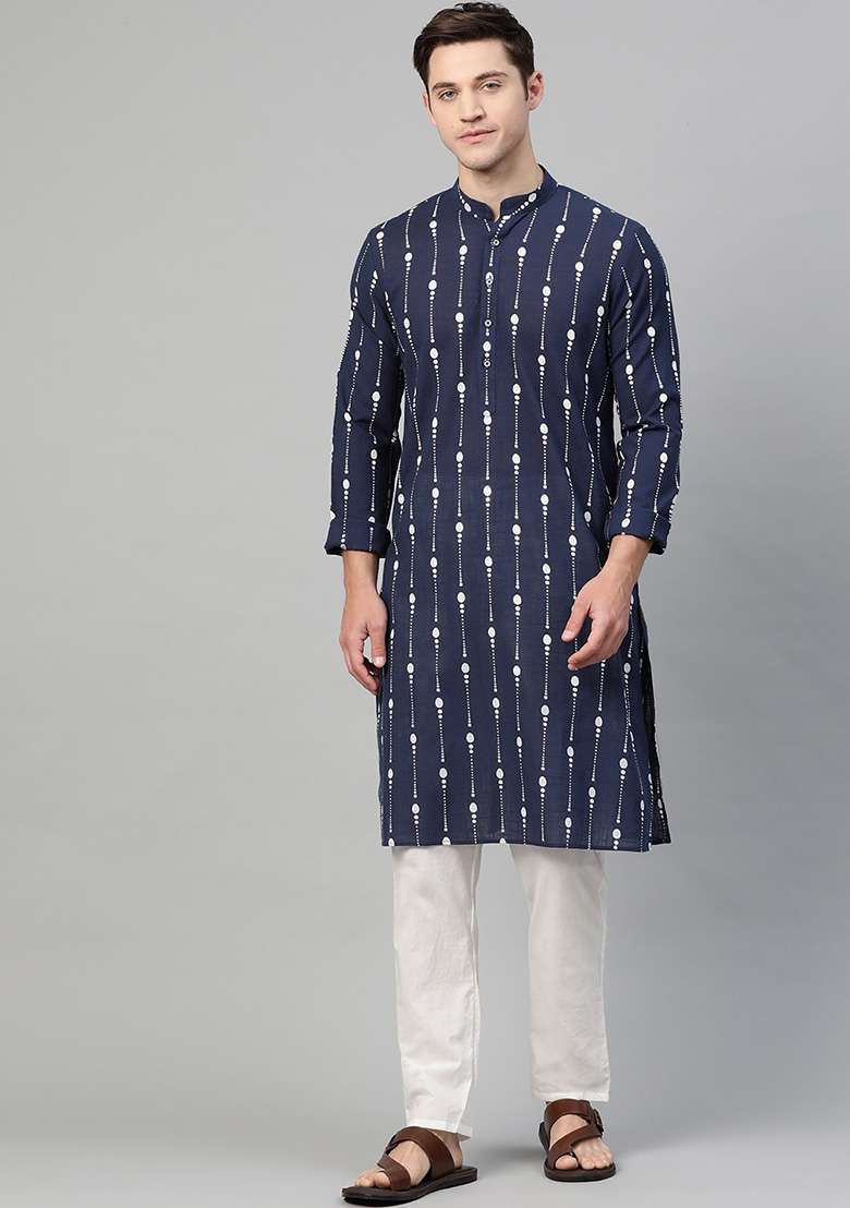 Navy Blue And White Printed Kurta Set For Men - Indya