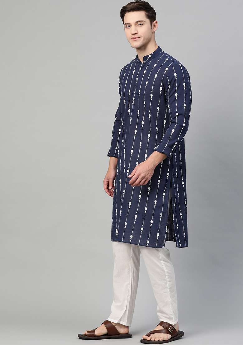 Navy Blue And White Printed Kurta Set For Men - Indya