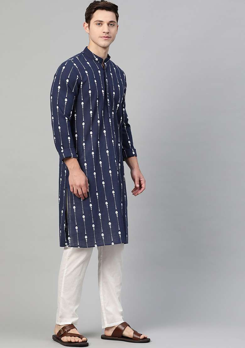 Navy Blue And White Printed Kurta Set For Men - Indya