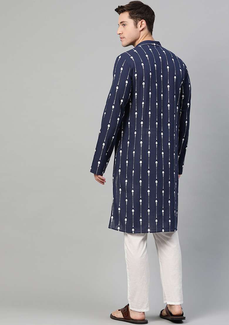 Navy Blue And White Printed Kurta Set For Men - Indya