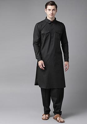 Black Cotton Pathani Kurta Set For Men