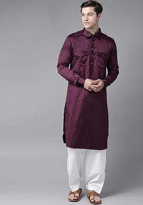 Purple Cotton Pathani Kurta Set For Men