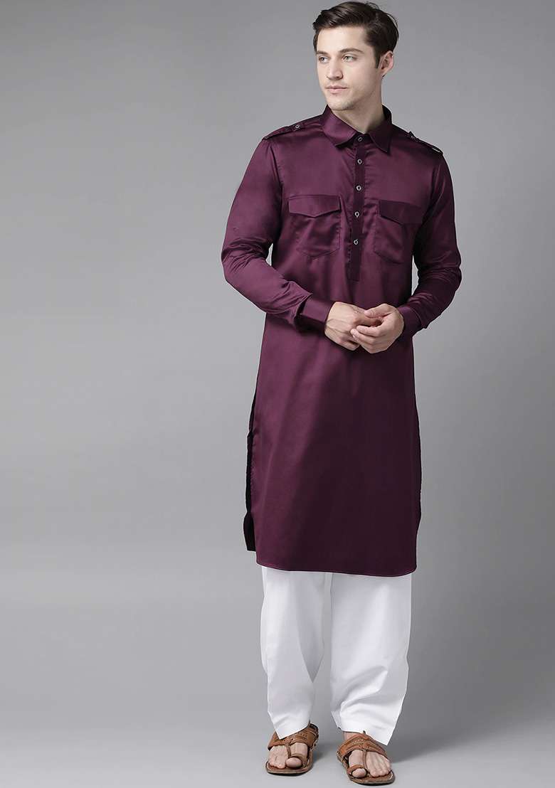 Purple Cotton Pathani Kurta Set For Men - Indya