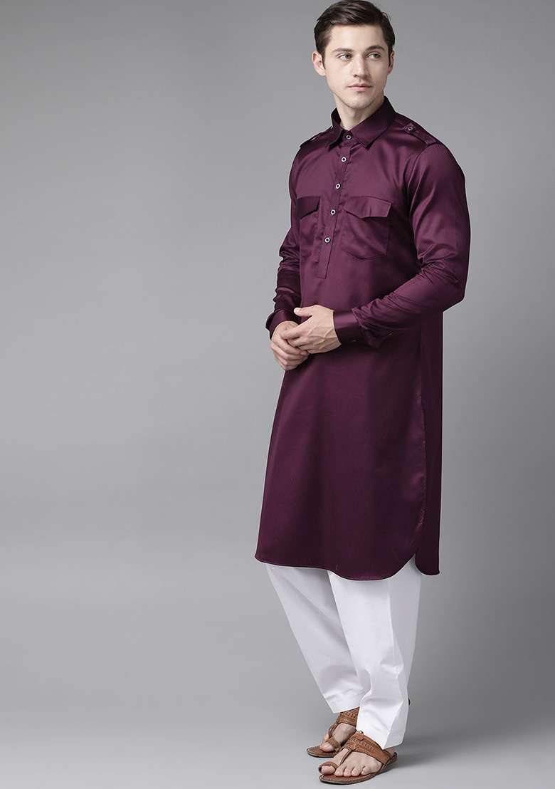 Purple Cotton Pathani Kurta Set For Men - Indya