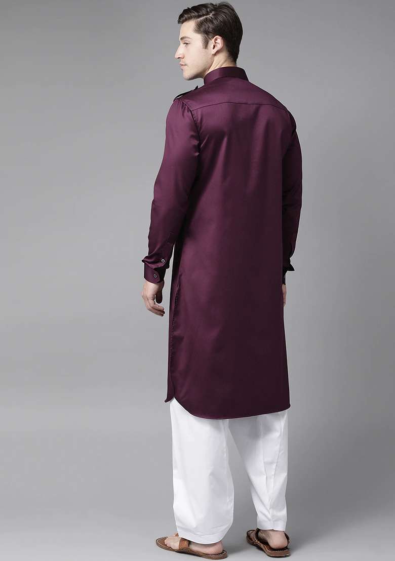 Purple Cotton Pathani Kurta Set For Men - Indya