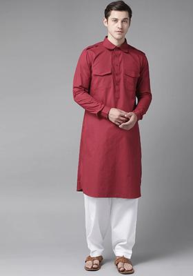 Maroon Cotton Pathani Kurta Set For Men