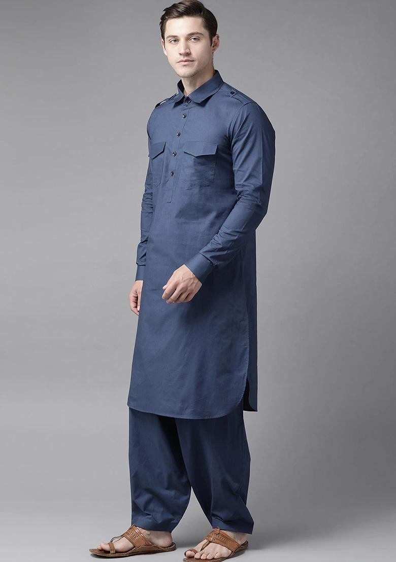 Navy Blue Cotton Pathani Kurta Set For Men