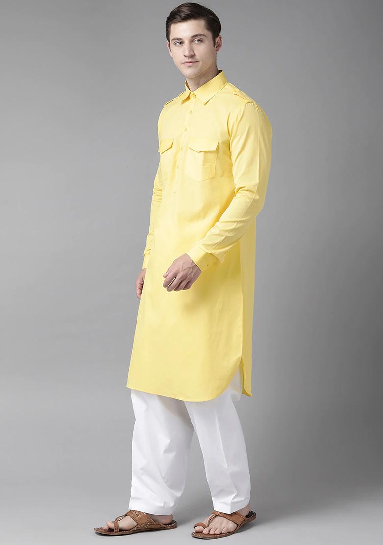 Yellow Pathani Kurta Set For Men