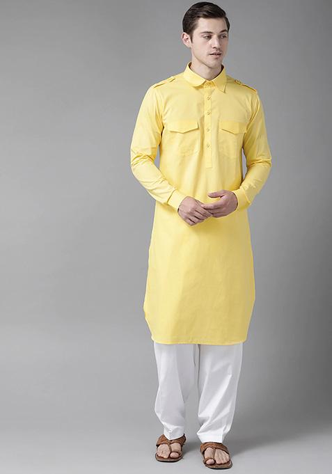 Yellow Pathani Kurta Set For Men