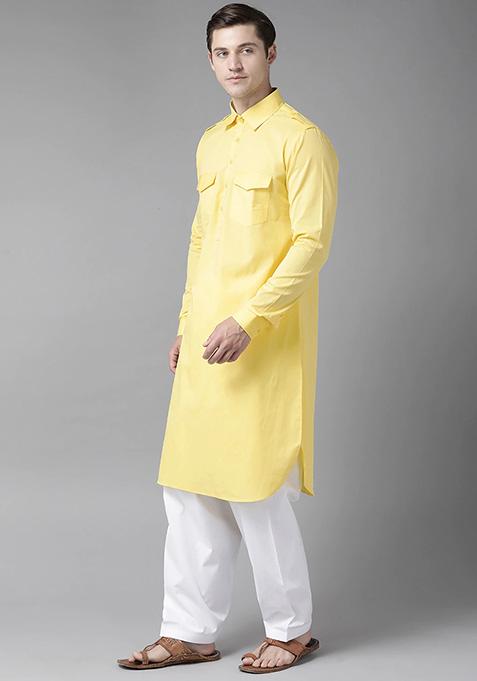 Yellow Pathani Kurta Set For Men