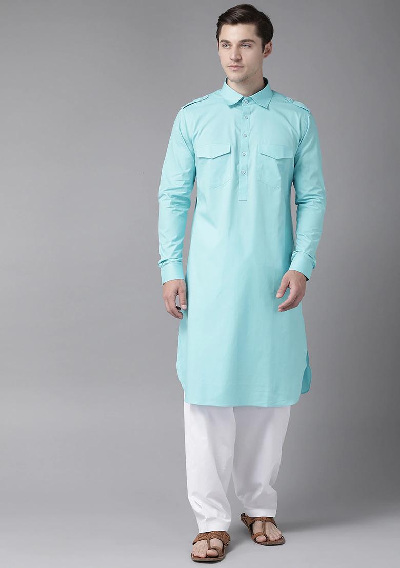 Blue Cotton Pathani Kurta Set For Men