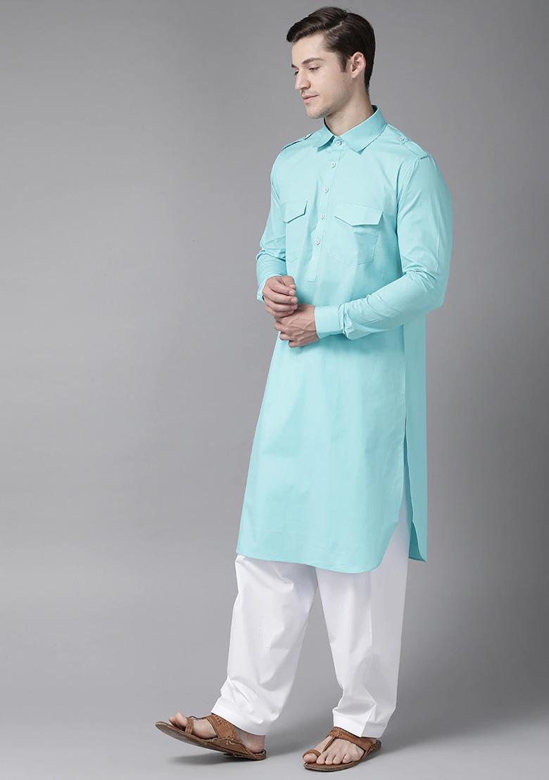 Blue Cotton Pathani Kurta Set For Men