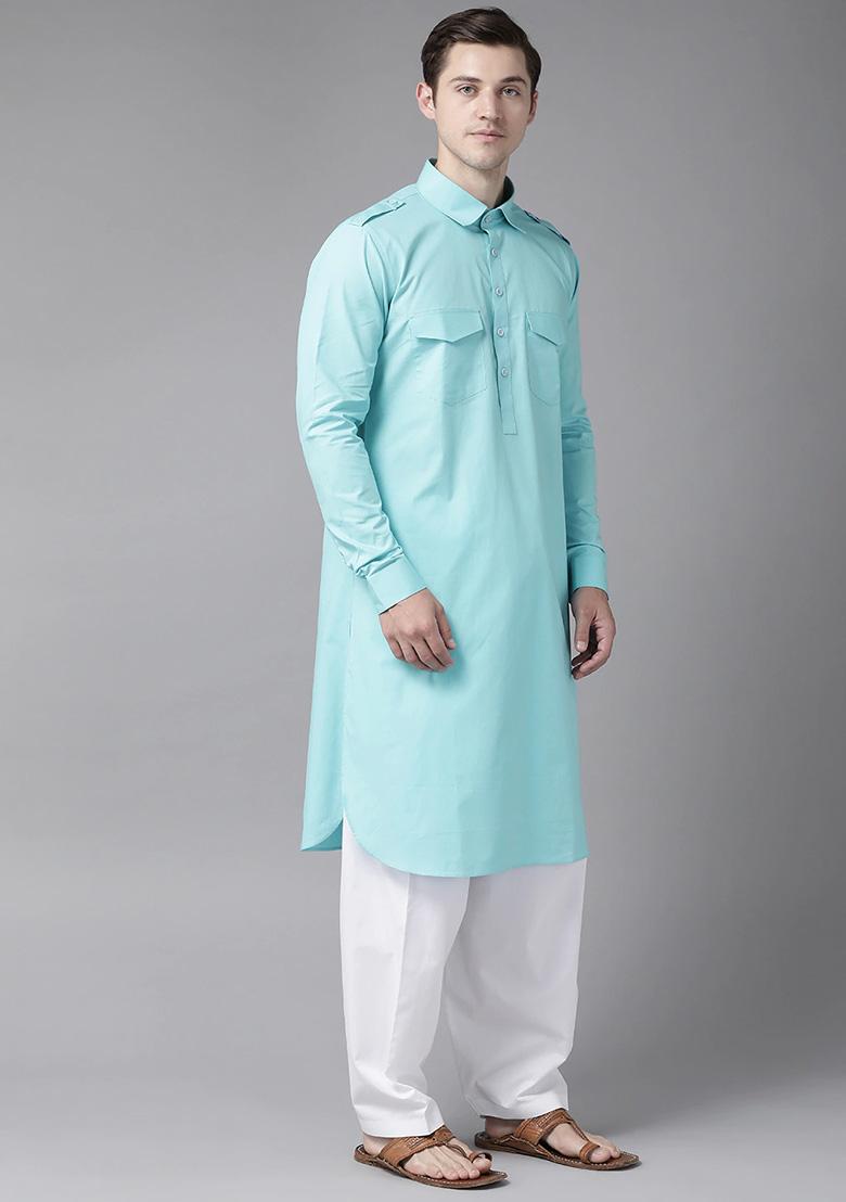 Blue Cotton Pathani Kurta Set For Men