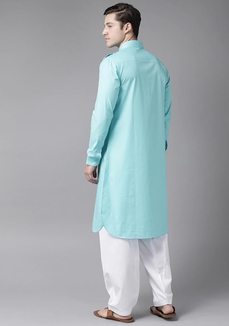 Blue Cotton Pathani Kurta Set For Men