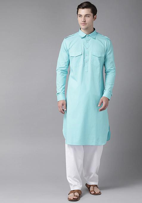 Blue Cotton Pathani Kurta Set For Men