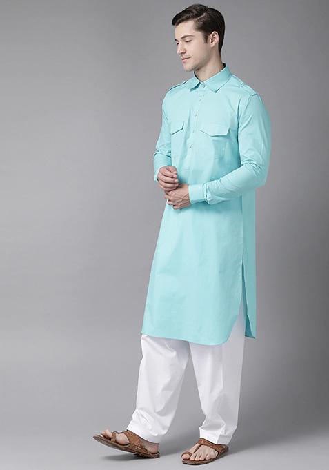 Blue Cotton Pathani Kurta Set For Men
