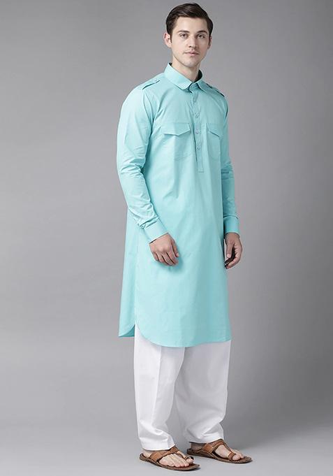 Blue Cotton Pathani Kurta Set For Men