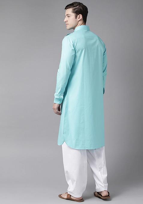 Blue Cotton Pathani Kurta Set For Men