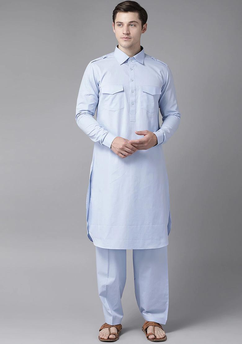Light Blue Pathani Kurta Set For Men