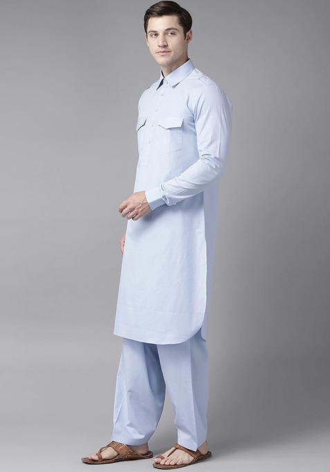Light Blue Pathani Kurta Set For Men