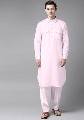 Pink Cotton Pathani Kurta Set For Men