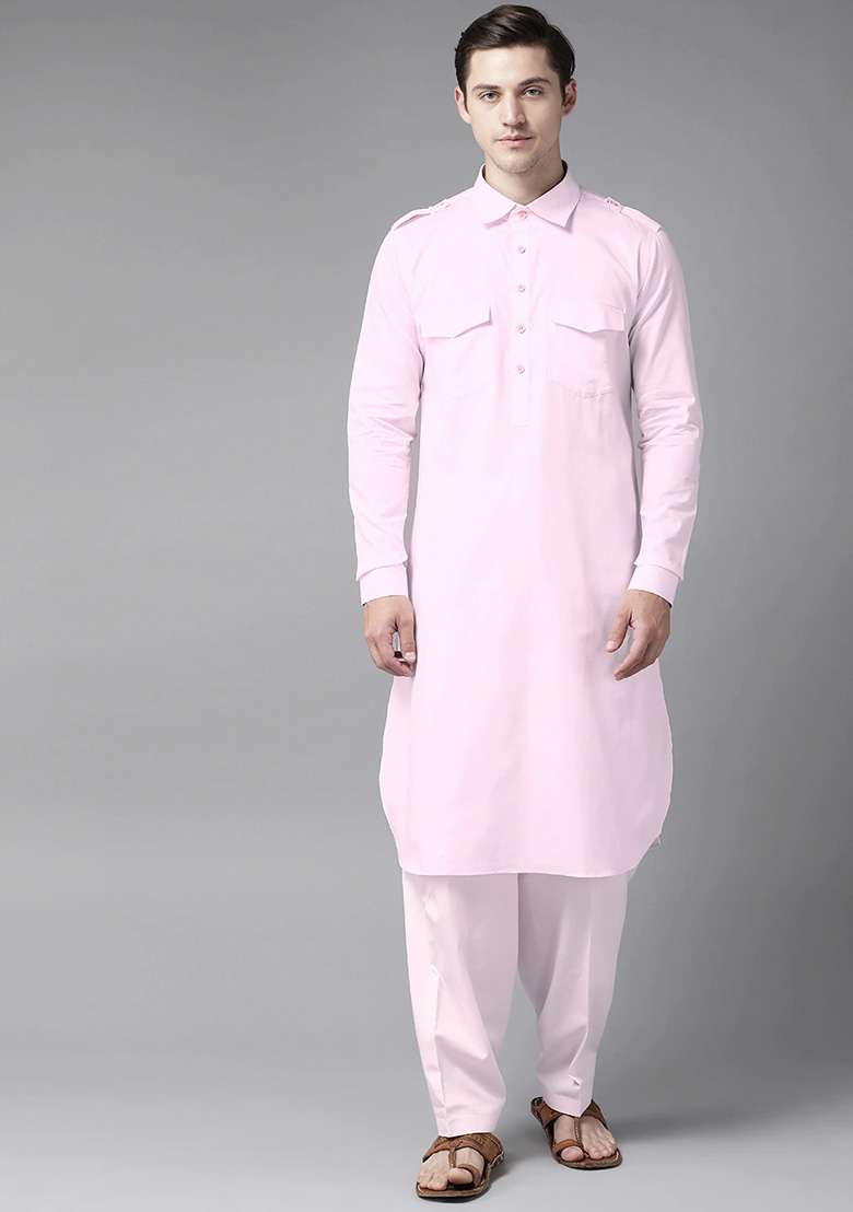 Pink Cotton Pathani Kurta Set For Men - Indya
