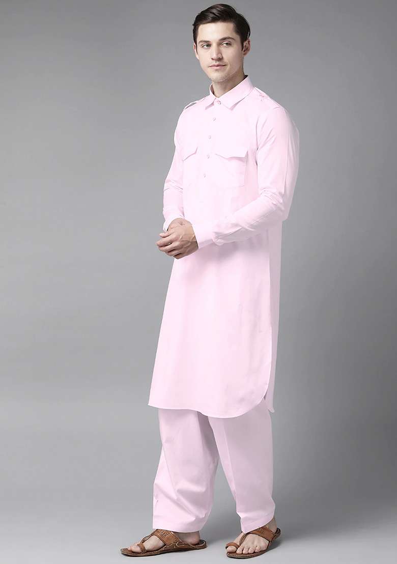 Pink Cotton Pathani Kurta Set For Men - Indya