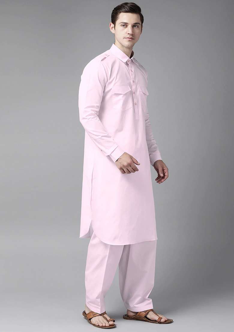 Pink Cotton Pathani Kurta Set For Men - Indya