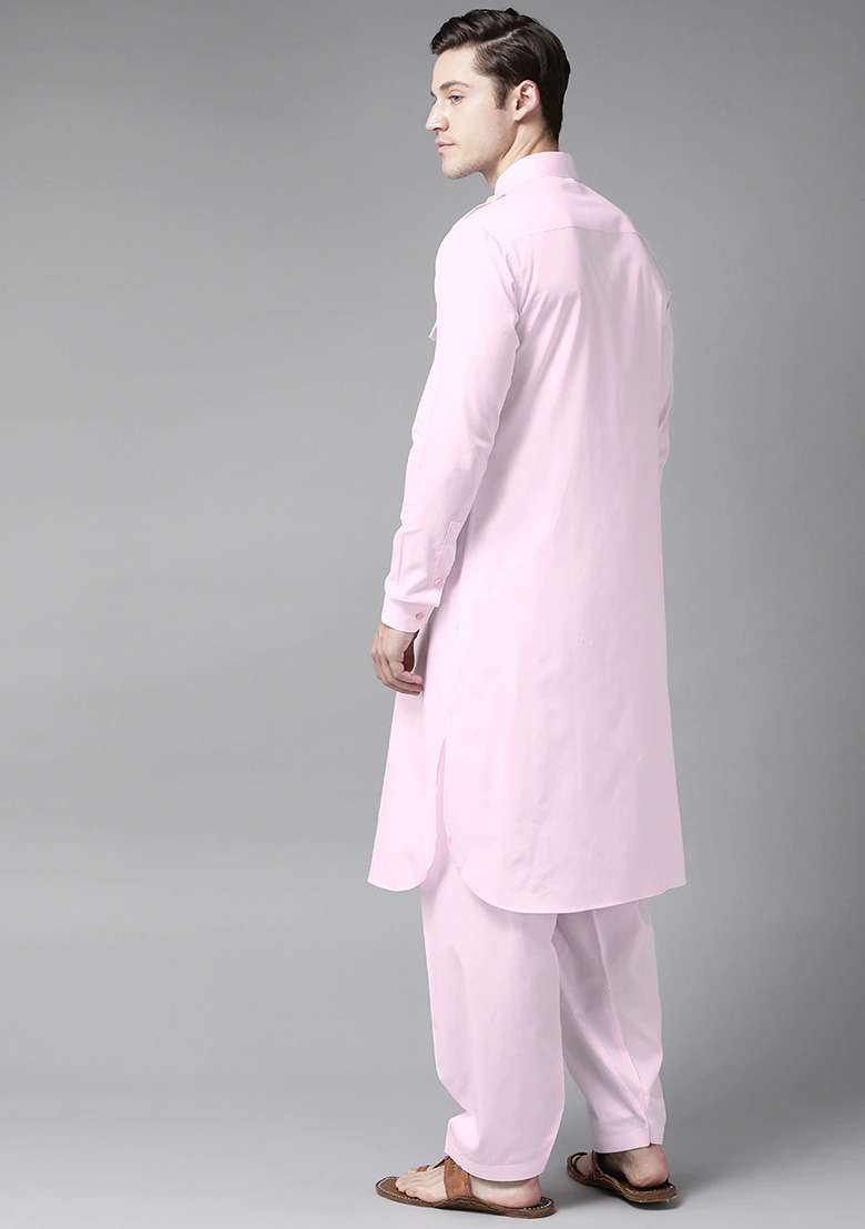 Pink Cotton Pathani Kurta Set For Men - Indya
