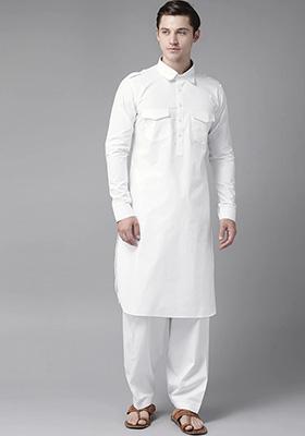 White Cotton Pathani Kurta Set For Men