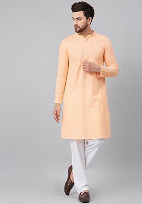 Peach Chikankari Embroidered Kurta For Men