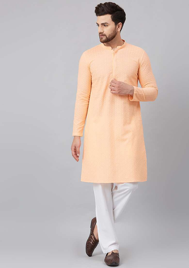Peach Chikankari Embroidered Kurta For Men - Indya