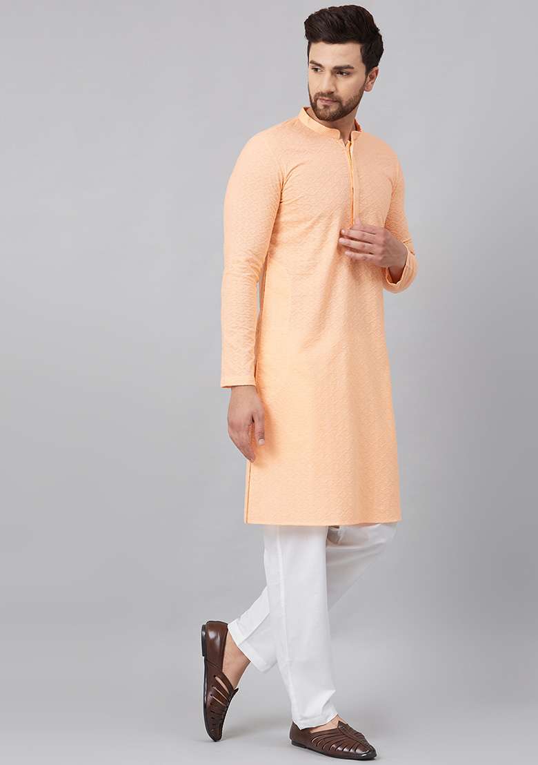 Peach Chikankari Embroidered Kurta For Men - Indya
